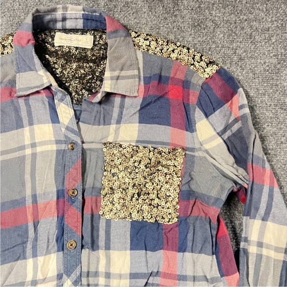 Vintage Abercrombie & Fitch Shirt Womens Small Blue Red Plaid Button Up Sequins - Picture 3 of 7